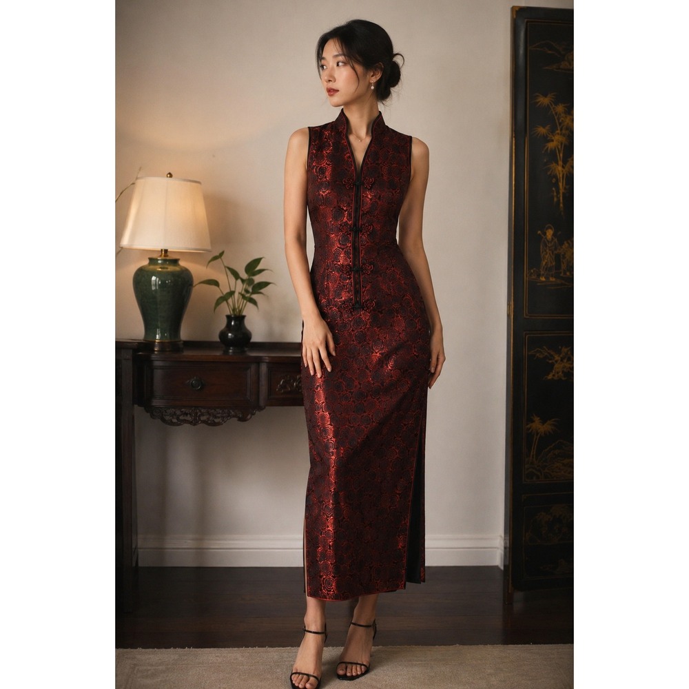 Vintage Y2K Silk Blend Red & Black Rose Brocade Cheongsam Qipao Maxi Dress Sz 32